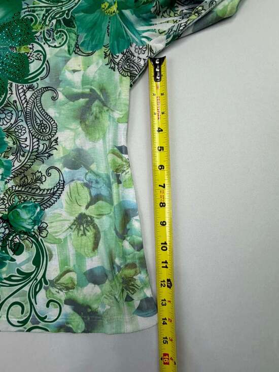 JM Collection Petite Green Floral Rhinestone Embellished 3/4 Sleeve Top - Picture 10 of 10